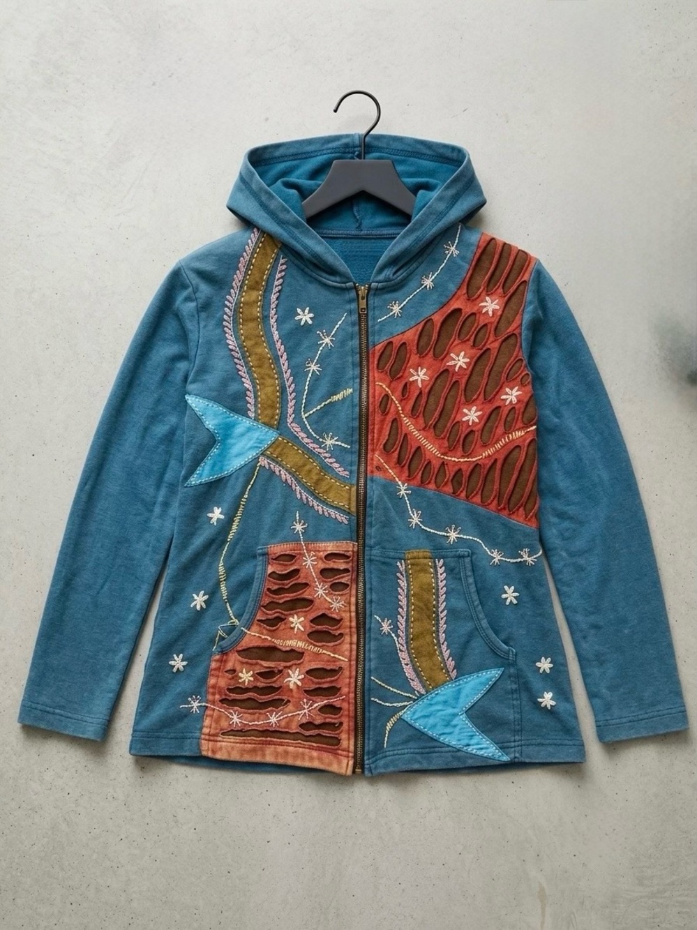 Rising International Handmade Embroidered Festival Zip-Up w/patchwork